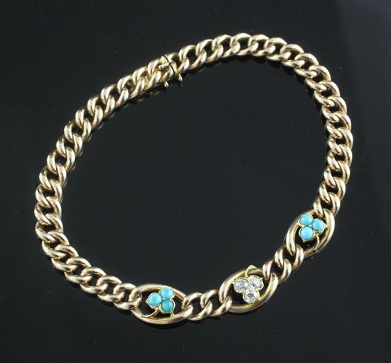 An Edwardian 15ct gold, turquoise and diamond set curb link bracelet,